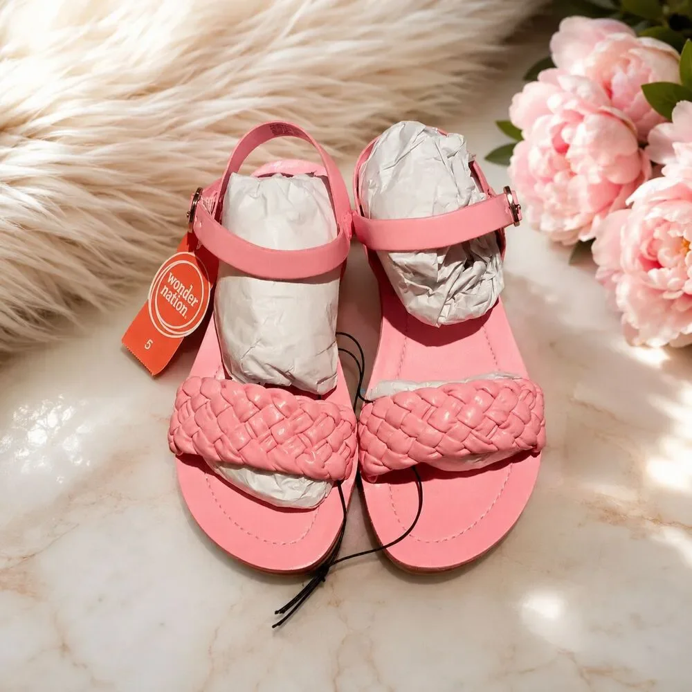 Wonder Nation Girls Pink Braided Ankle Strap Flat Sandals  Size 5 NWT